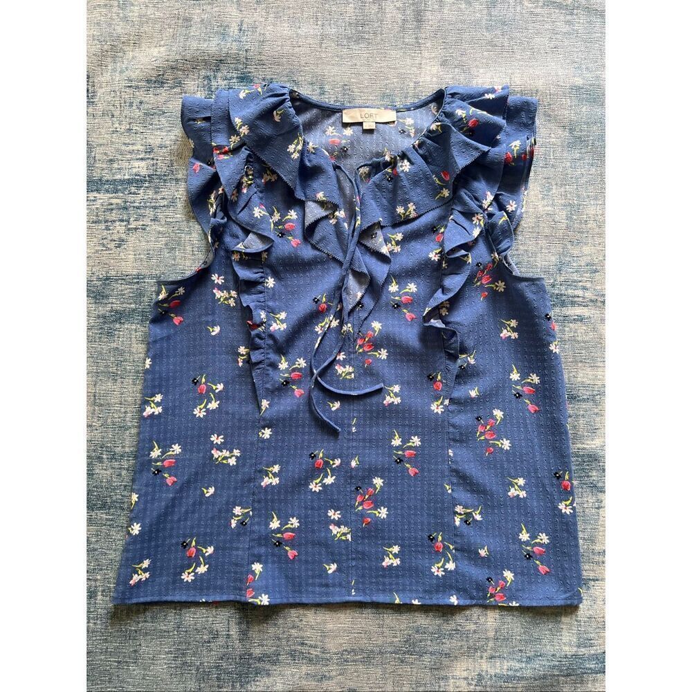 Loft Blue White Pink Floral Ruffle Tie Neck Blouse Women's Medium